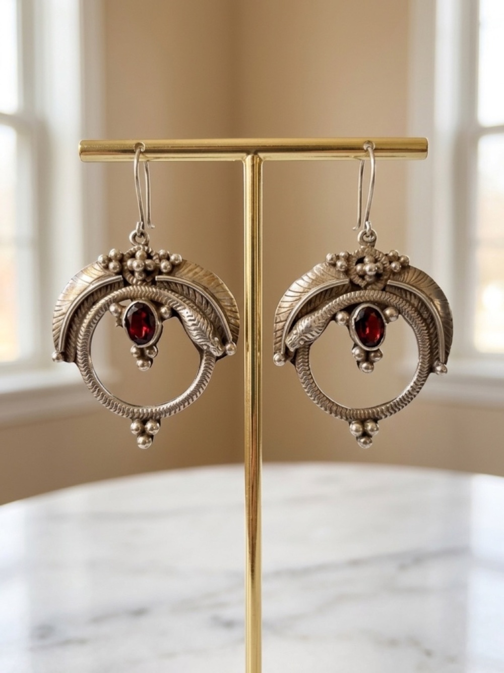 Vintage 925 Sterling Silver Ornate Red Stone Dangle Earrings